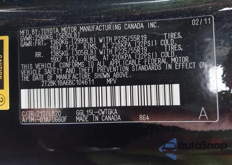 2011 Lexus Rx 350 from USA, damaged, VIN 2T2BK1BA6BC104611